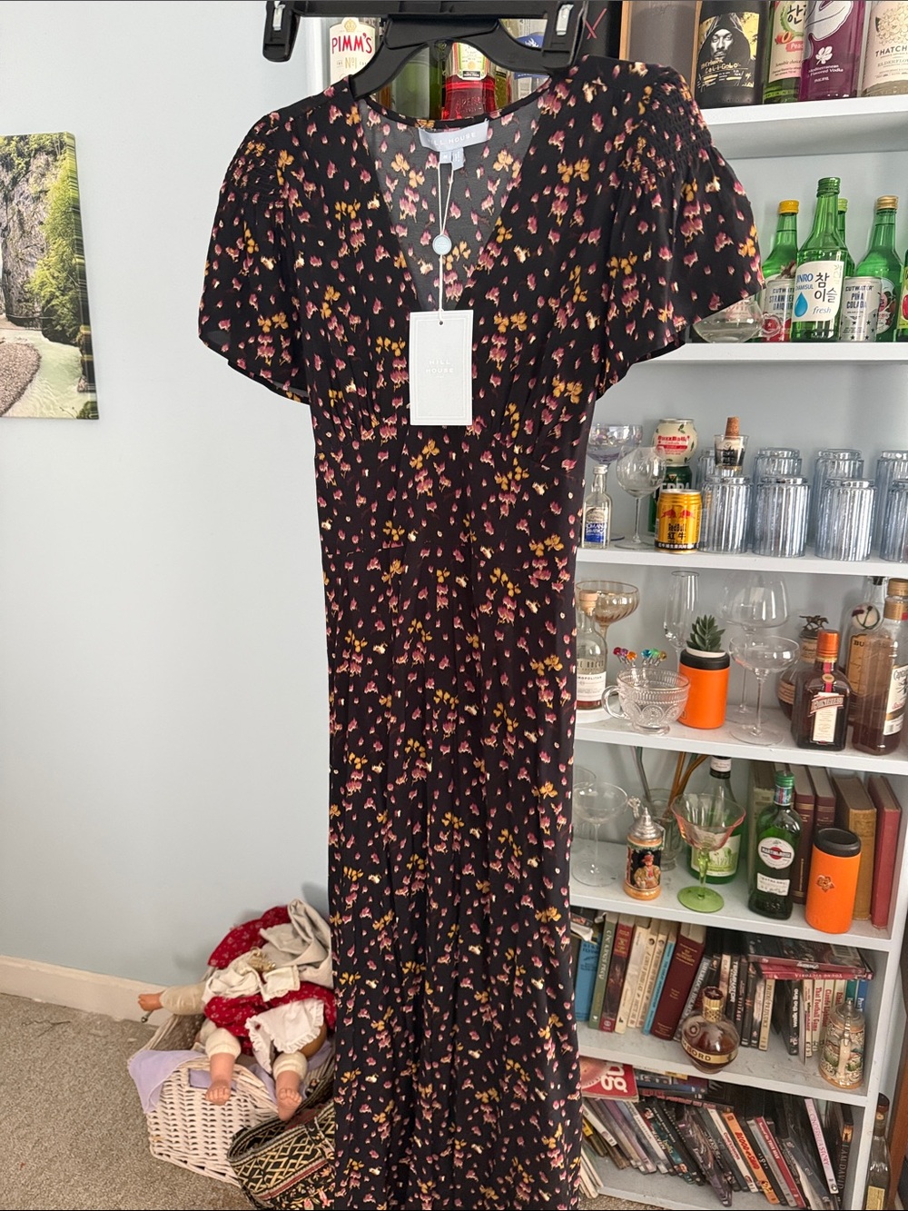 Hill House Black Maxi Dress with Purple & Yellow Floral Print.  Worn once!
